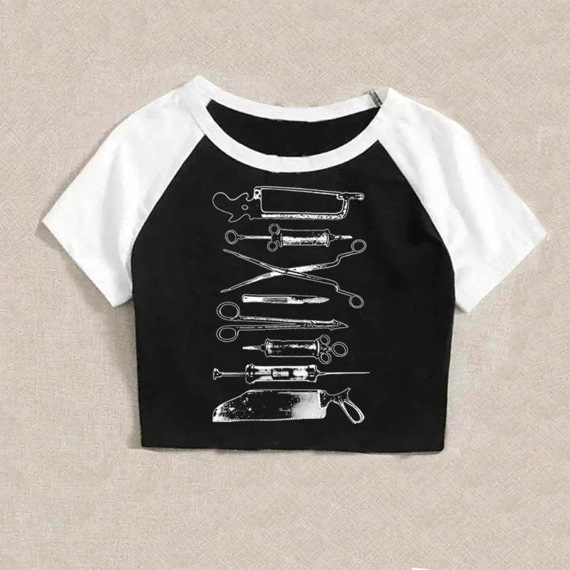 Harajuku Punk Goth Sexy Crop Tops Women's Summer 90s Grunge Graphic Punk Print Top Fashion Slim Tops Vintage Baby Tees Emo Girl