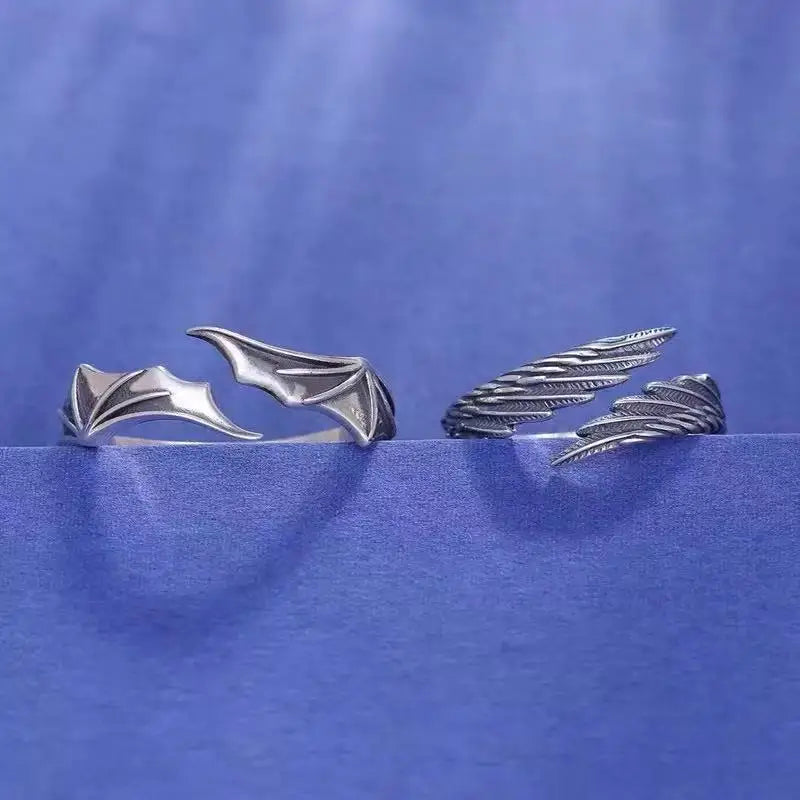 2PCS Fashionable And Simple Angel And Devil Wing Rings, Retro Personalized Open Mouth Men's And Women's Rings Available For Whol