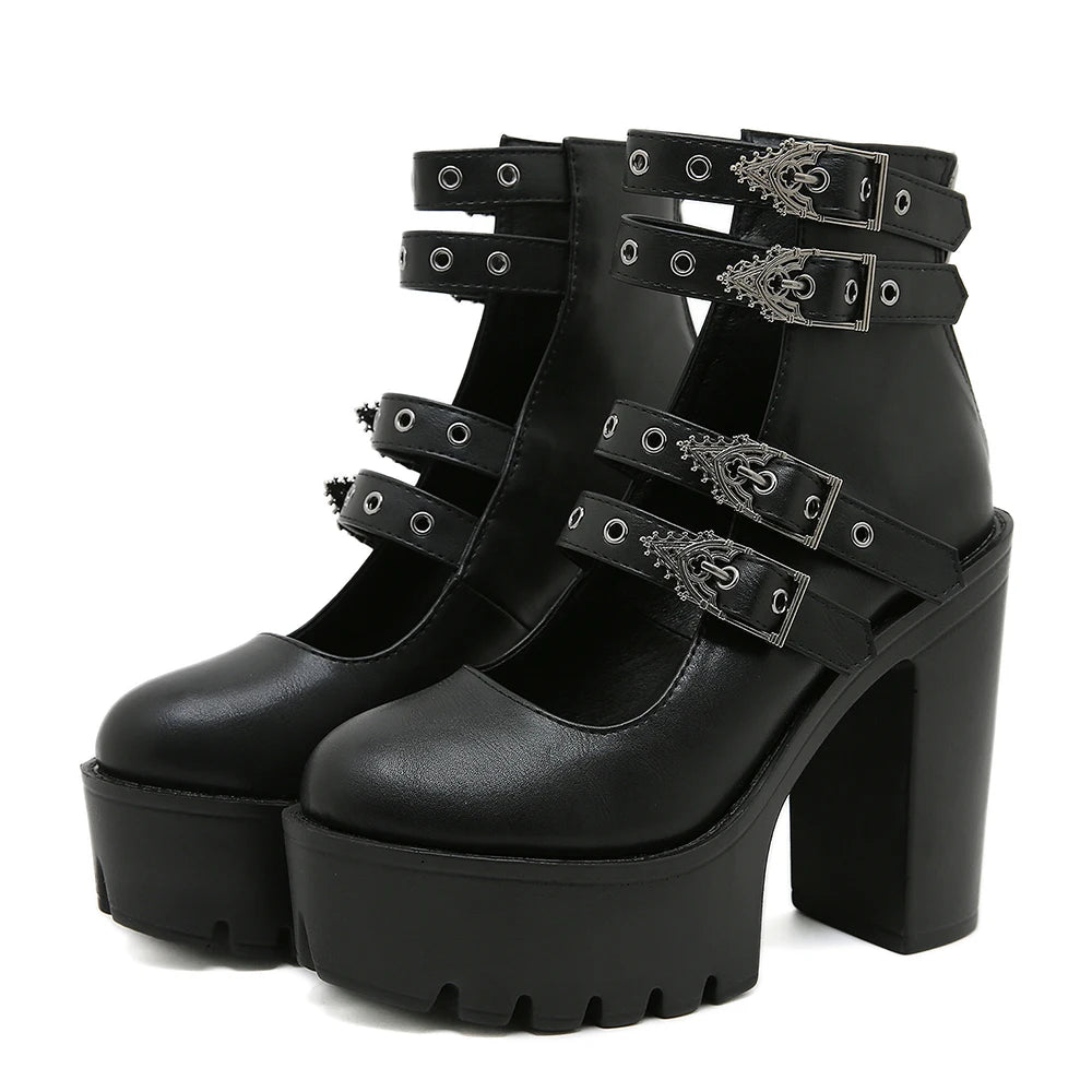Gdgydh Goth Style Women Block Heels for Halloween Fashion Buckle Strap Dress Pumps Platform Mary Jane Shoes Stylish Back Zipper