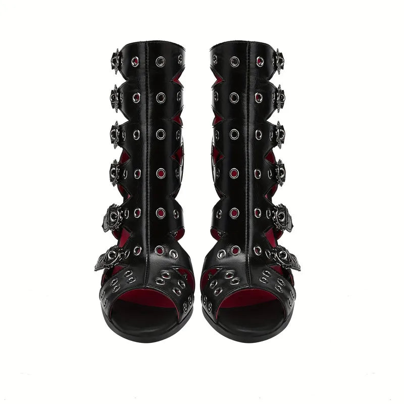 Gothic Punk Women Tiger Tooth Heels High Peep Toe Leather Buckle Strap Rivet Sandals Ankle Boots Party Nightclub Fashion Shoes