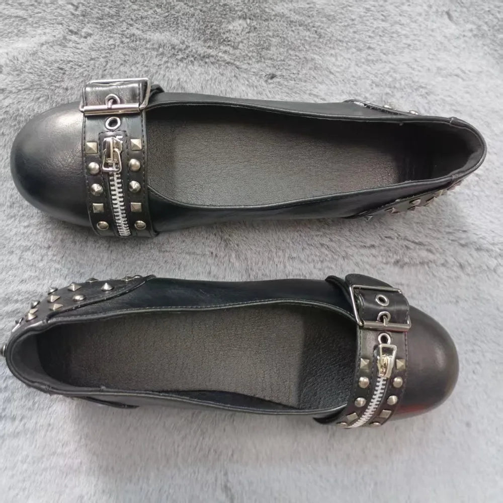 Flat Shoes Woman 2026 Spring New Shallow Mouth Flat Bottom Loafers Women's Rivet Leather Shoes Women's Flats and Loafers