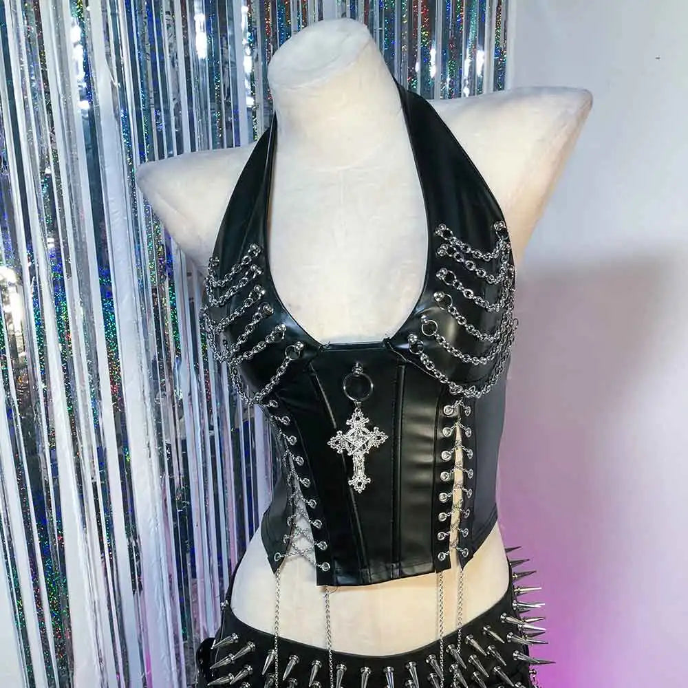 Goth Top Y2K Clothes Women's Tanks Emo Clothing Gothic Boho Tops with Spikes Punk Rock Teens Festival Spiked Bra Grunge T Shirt