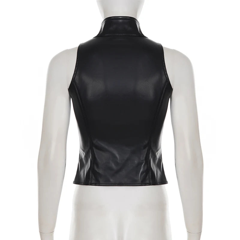 SUCHCUTE Retro Punk Pu Leather Vest With Sleeve Cover Women Gothic Black Sleeveless Turtleneck Top Y2k Metal Decorative Clothing