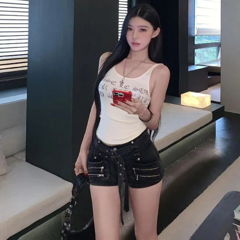 American Zipper Decorate Women Shorts Individuality Streetwear Vintage Y2K Denim Shorts Woman Gothic Punk Low-Waist Short Jeans