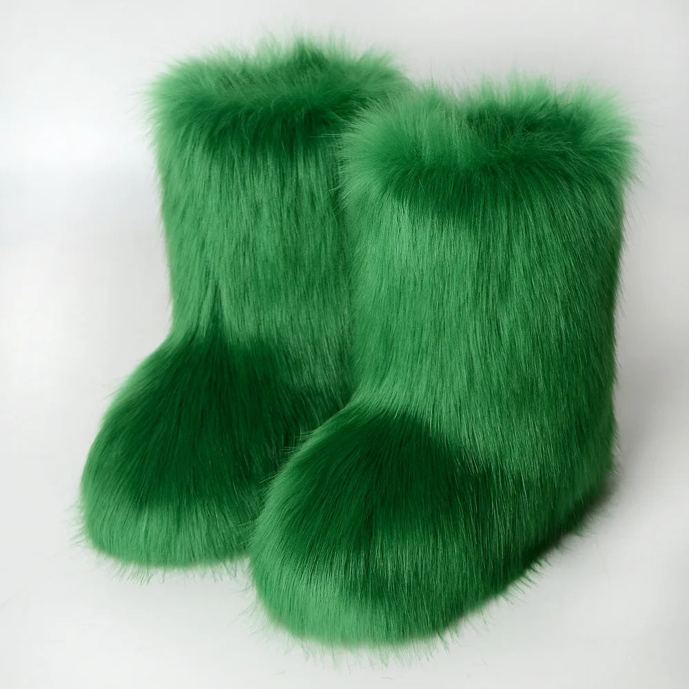Women Faux Fur Boots Winter Fluffy Plush Warm Mid Calf Snow Boots Luxury Fashion Furry Boots Comfortable Outdoor Flat Shoes