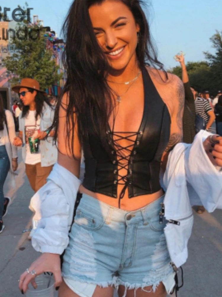 Sisterlinda Sexy Punk Y2K Black PU Leather Crop Top Womens Sleeveless Deep V Neck Backless Camisole Fashion Party Club Vests2021