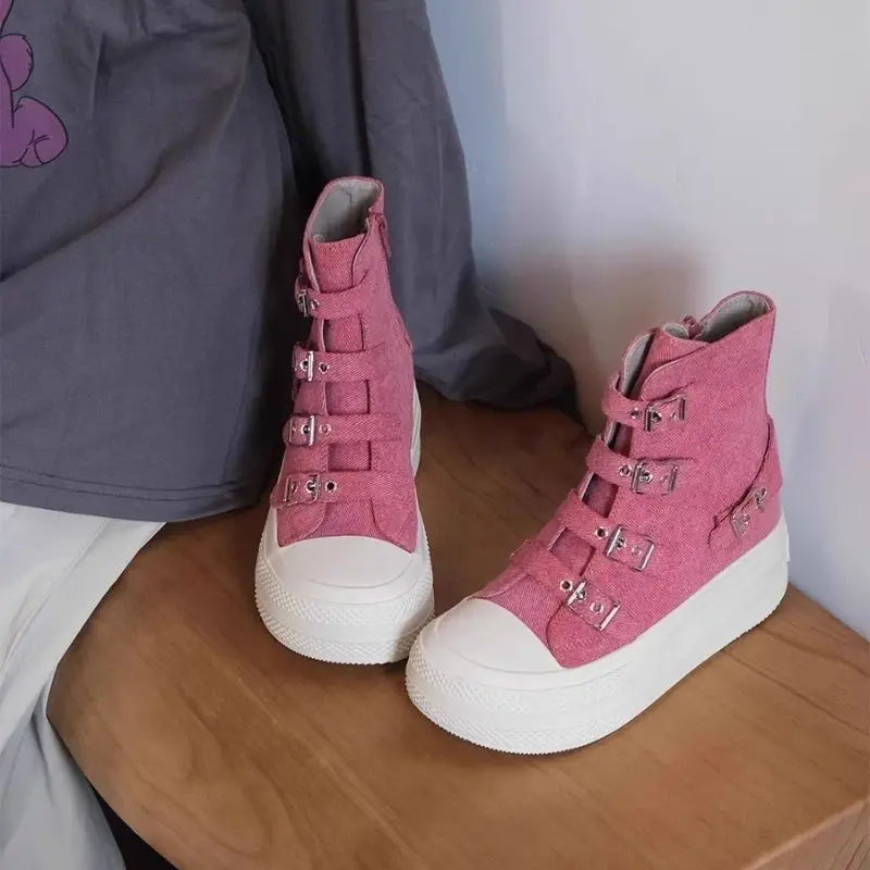 Belt Buckle Woman Platform Sneakers Shoes 2025 Female Retro Punk High-top Casual Shoes Canvas Shoes Ladies Fashion Cloth Shoes