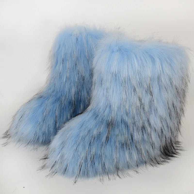 Women Faux Fur Boots Winter Fluffy Plush Warm Mid Calf Snow Boots Luxury Fashion Furry Boots Comfortable Outdoor Flat Shoes
