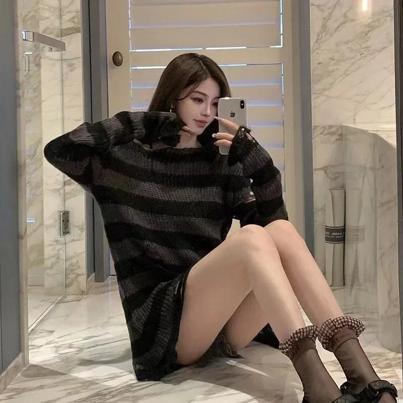 New Autumn Punk Gothic Long Unisex Sweater Women Striped Cool Hollow Out Hole Broken Jumper Loose Rock Thin Dark Streetwear Top
