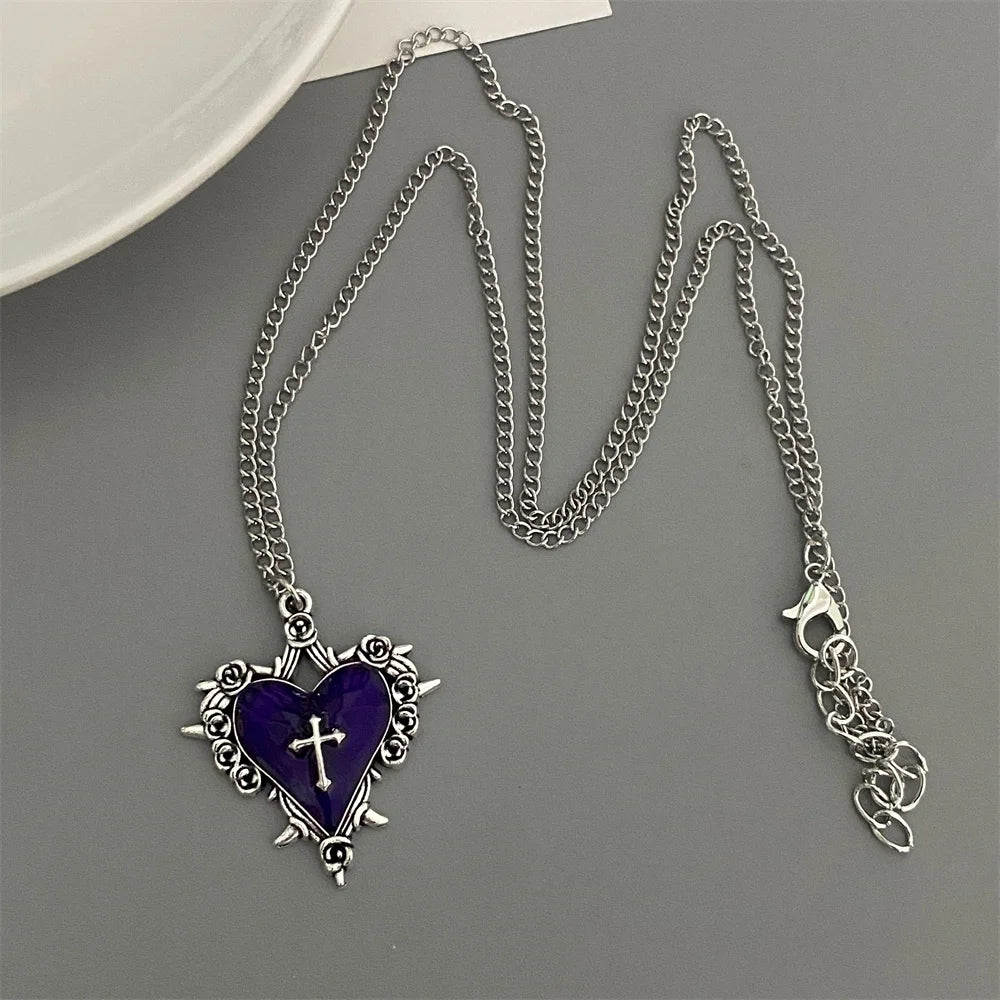 Punk Rock Red Black Heart Pendant Chain Necklace For Men Women Cool Hip Hop Street Vintage Goth Accessories Trendy Jewelry