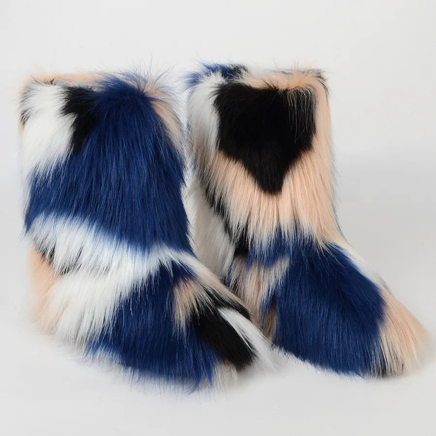 Women Faux Fur Boots Winter Fluffy Plush Warm Mid Calf Snow Boots Luxury Fashion Furry Boots Comfortable Outdoor Flat Shoes