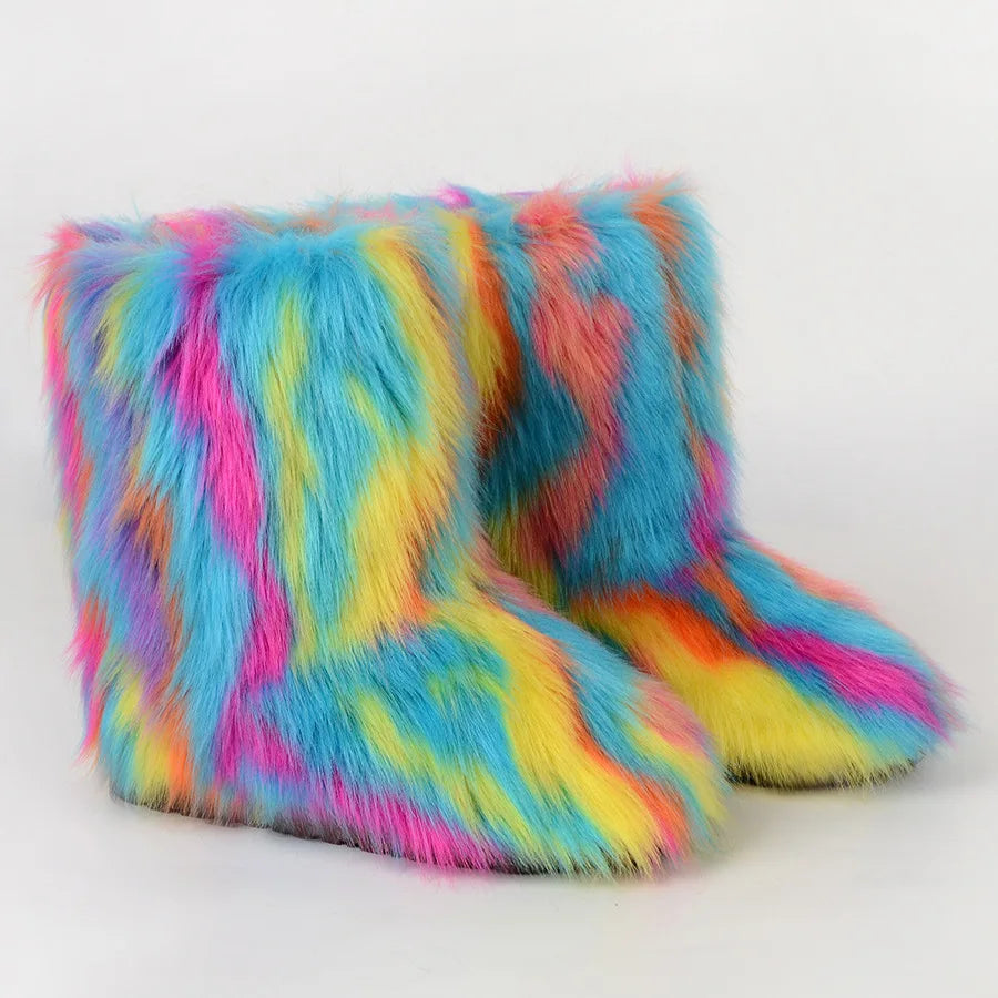 Women Faux Fur Boots Winter Fluffy Plush Warm Mid Calf Snow Boots Luxury Fashion Furry Boots Comfortable Outdoor Flat Shoes