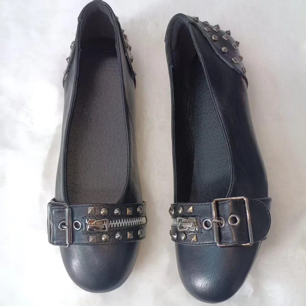 Flat Shoes Woman 2026 Spring New Shallow Mouth Flat Bottom Loafers Women's Rivet Leather Shoes Women's Flats and Loafers