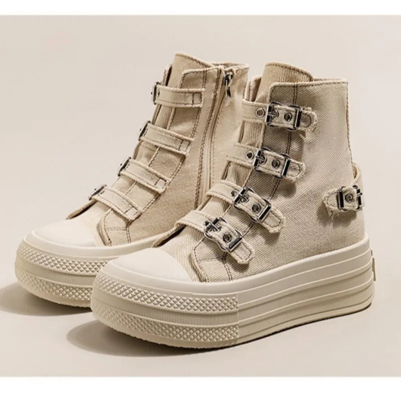 Women Platform Canvas Shoes Outdoor Goth Punk Versatile Sneaker Buckle Strap Design High Top Fashion Zipper Boots Female Cosplay
