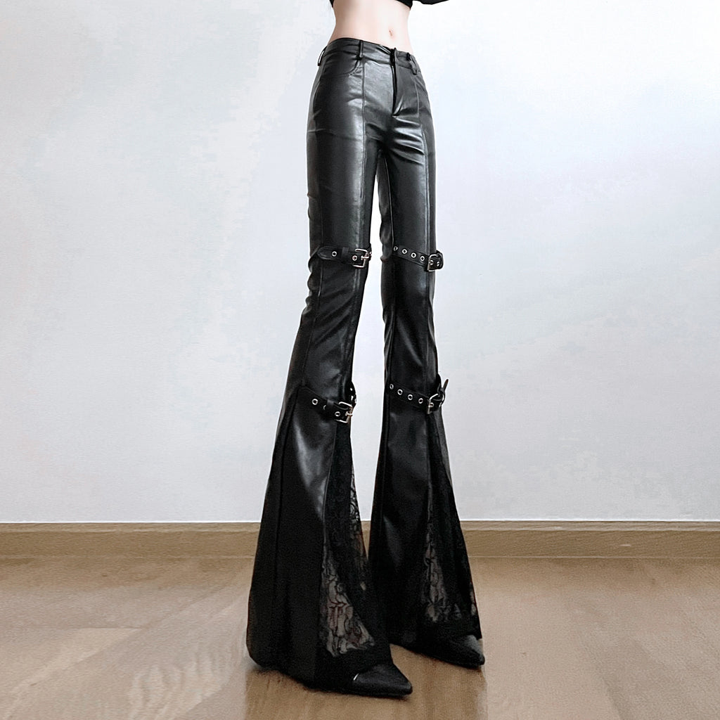 SUCHCUTE PU Leather Flare Pant Goth Buckle Lace Patchwork Pants Women Fashion Y2K Streetwear Vintage Aesthetics Casual Trouesrs