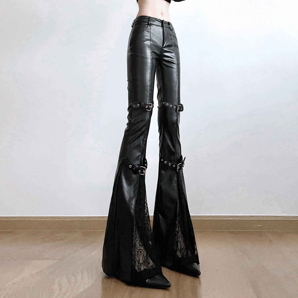 SUCHCUTE PU Leather Flare Pant Goth Buckle Lace Patchwork Pants Women Fashion Y2K Streetwear Vintage Aesthetics Casual Trouesrs