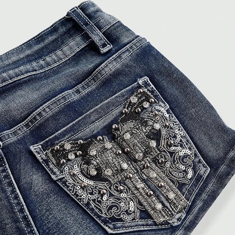 Summer Vintage Y2K Punk Rhineston Embroidered Denim Shorts Women Jeans Holiday Sexy Low Waist Distressed American Retro Hot Pant