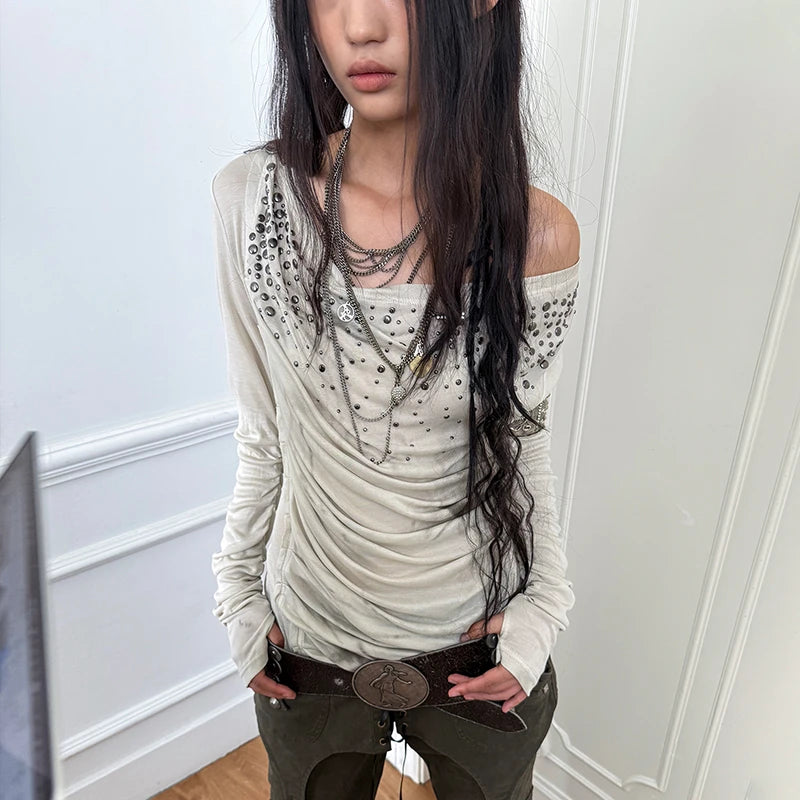 Karrcat Grunge Aesthetics Off Shoulder Tops Trashy Y2k Diamonds Print T-shirt Vintage 2000s Style Streetwear Punk American Retro