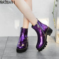 NASBAVI Patent Leather Punk Combat Boots for Women Candy Color Purple Yellow Chunky Thick Heel Gothic Biker Cosplay Shoes Winter