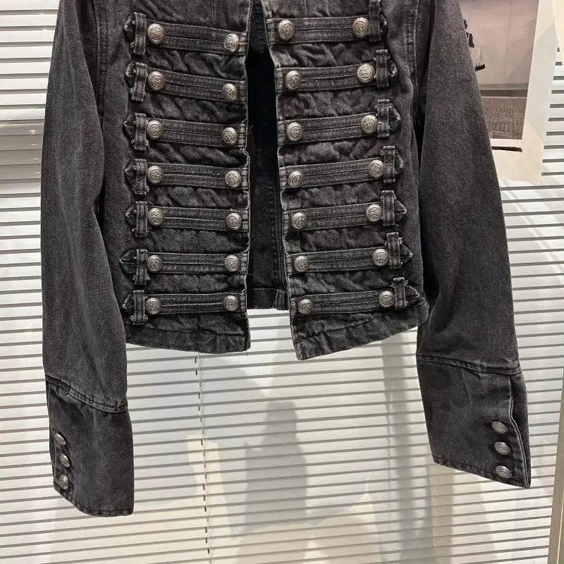 Punk Style Black Stand Up Collar Denim Jackets Vintage Washed Motor Coat For Women 2025 Autumn New Loose Long Sleeve Outerwear