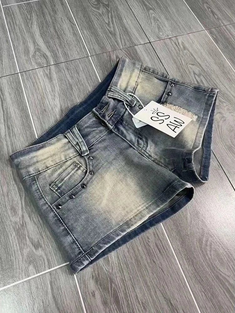 HOUZHOU Vintage Y2k Denim Shorts Women Sexy Blue Gothic Low Waist Shorts Female Punk Retro Summer Streetwear Short Jeans Slim Up