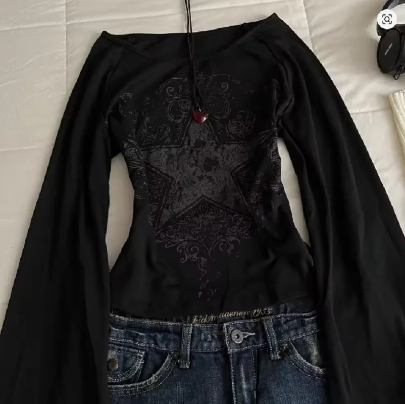 90s Long-sleeve Tees E-Girl Clothes Aesthetic Streetwear Long-sleeve T-shirts Harajuku Punk Letter Pattern Sexy Long-sleeve Tops