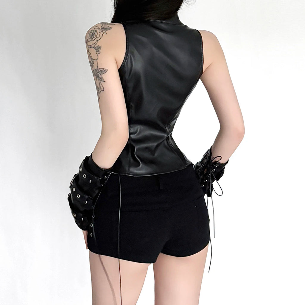 SUCHCUTE Retro Punk Pu Leather Vest With Sleeve Cover Women Gothic Black Sleeveless Turtleneck Top Y2k Metal Decorative Clothing