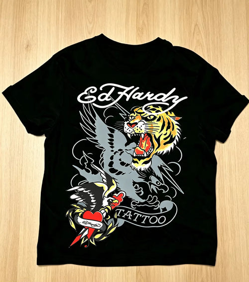 2026 New Summer Tiger print Short sleeved Top American Retro Street Trend Personality Dark Punk Gothic Style Casual Versatile