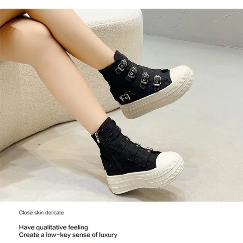 Women Platform Canvas Shoes Outdoor Goth Punk Versatile Sneaker Buckle Strap Design High Top Fashion Zipper Boots Female Cosplay