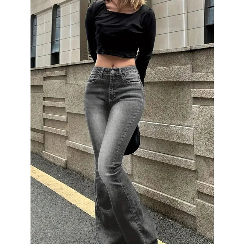 Women Flare Stretch Moustache Jeans Fashion Skinny Bell Bottom High Waist Gray Denim Pants Lady Classic Y2K Punk Long Trousers