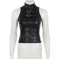 SUCHCUTE Retro Punk Pu Leather Vest With Sleeve Cover Women Gothic Black Sleeveless Turtleneck Top Y2k Metal Decorative Clothing