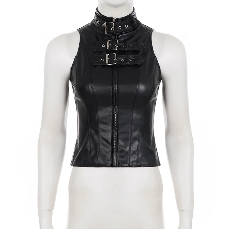 SUCHCUTE Retro Punk Pu Leather Vest With Sleeve Cover Women Gothic Black Sleeveless Turtleneck Top Y2k Metal Decorative Clothing