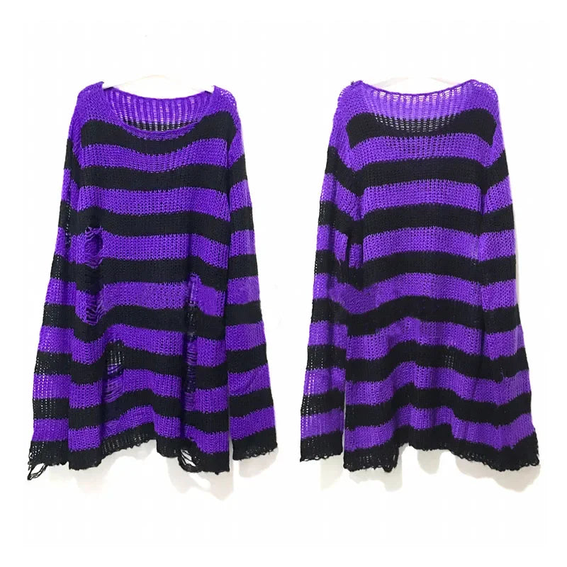 New Autumn Punk Gothic Long Unisex Sweater Women Striped Cool Hollow Out Hole Broken Jumper Loose Rock Thin Dark Streetwear Top