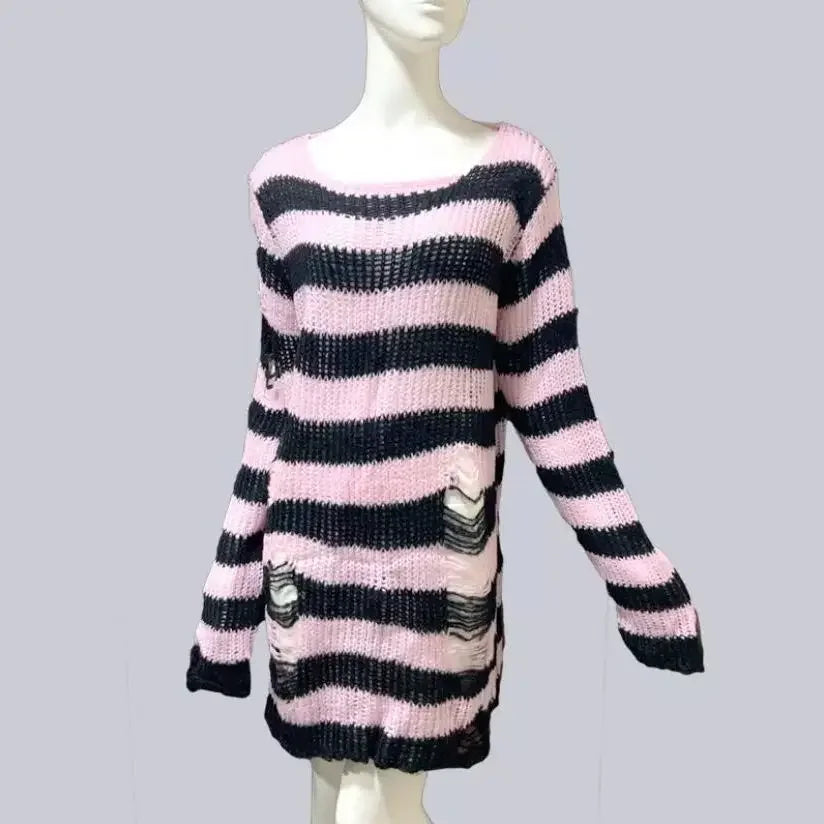 New Autumn Punk Gothic Long Unisex Sweater Women Striped Cool Hollow Out Hole Broken Jumper Loose Rock Thin Dark Streetwear Top