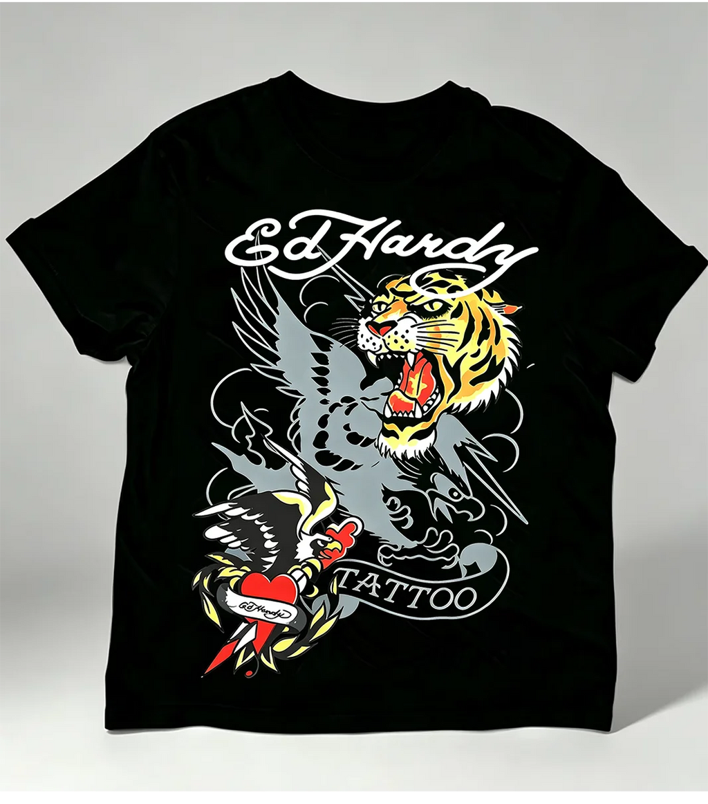 2026 New Summer Tiger print Short sleeved Top American Retro Street Trend Personality Dark Punk Gothic Style Casual Versatile