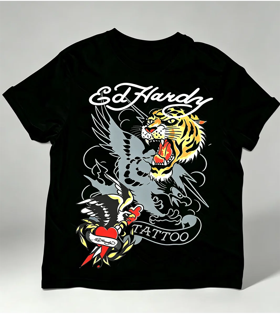 2026 New Summer Tiger print Short sleeved Top American Retro Street Trend Personality Dark Punk Gothic Style Casual Versatile
