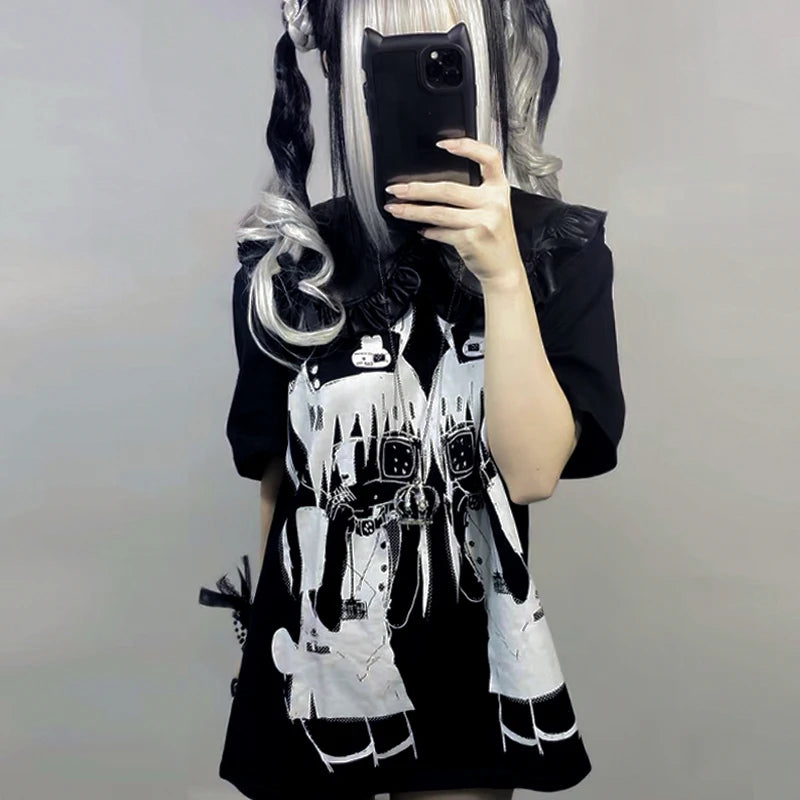Y2k women clothing arcane Short Sleeve Black Tops Cool Cute Subculture Round Neck T Shirt 2000s Harajuku Punk Japanese Tees tops
