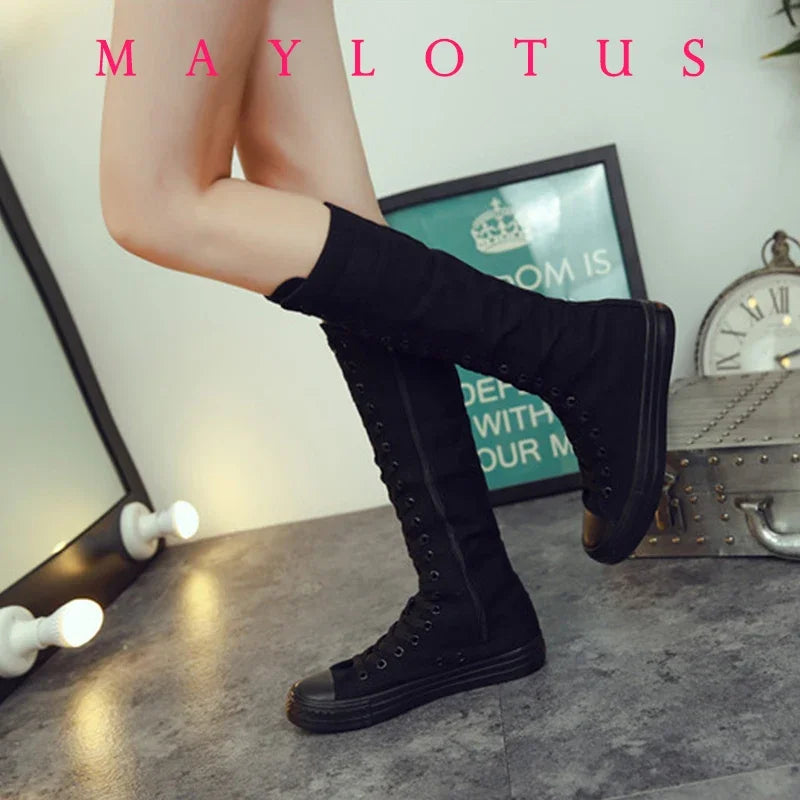 New Fashion Women's Canvas Boots Lace Zipper Knee High Boot Flat Shoes Casual High Help Punk Shoes Girls