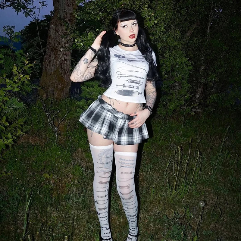 Harajuku Punk Goth Sexy Crop Tops Women's Summer 90s Grunge Graphic Punk Print Top Fashion Slim Tops Vintage Baby Tees Emo Girl