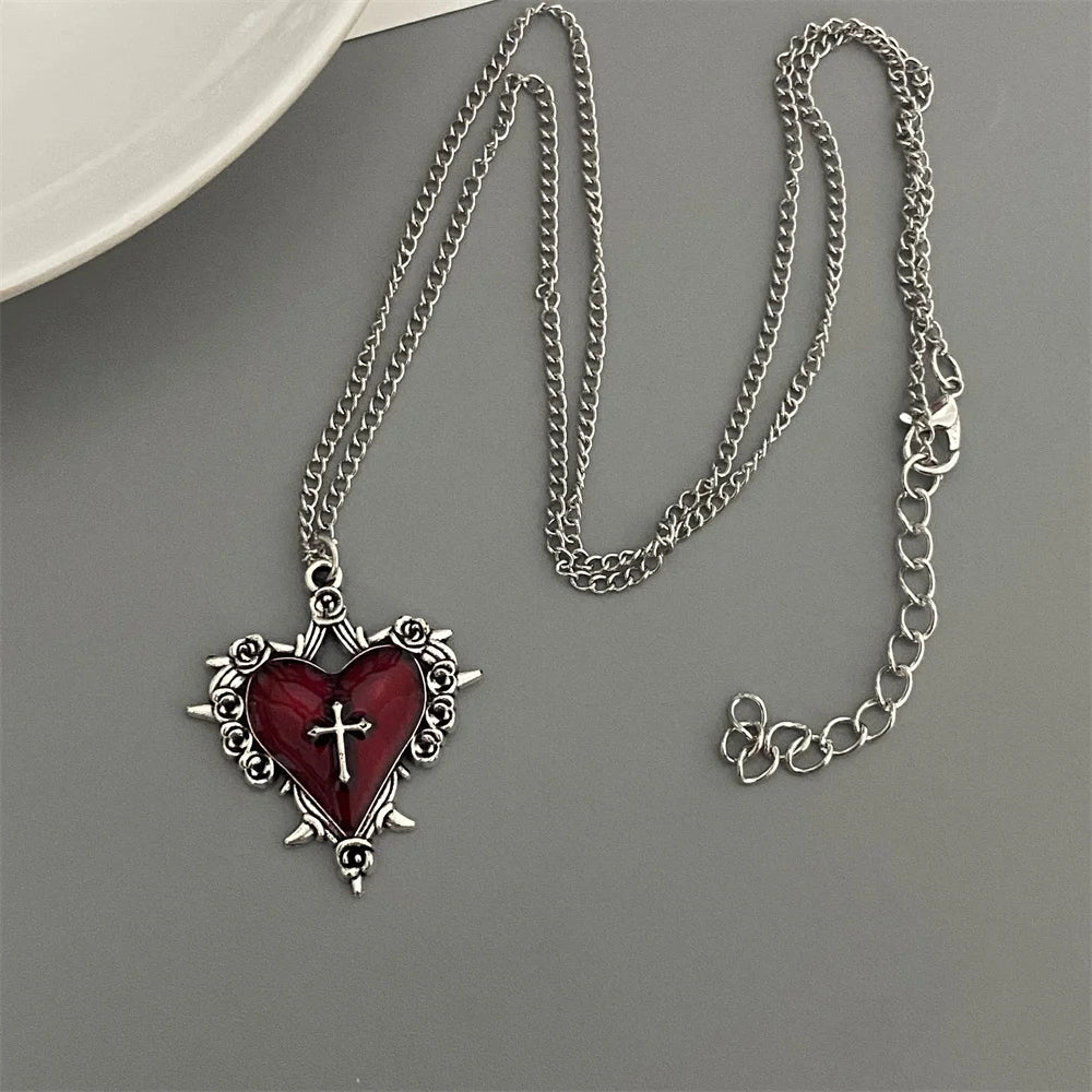Punk Rock Red Black Heart Pendant Chain Necklace For Men Women Cool Hip Hop Street Vintage Goth Accessories Trendy Jewelry
