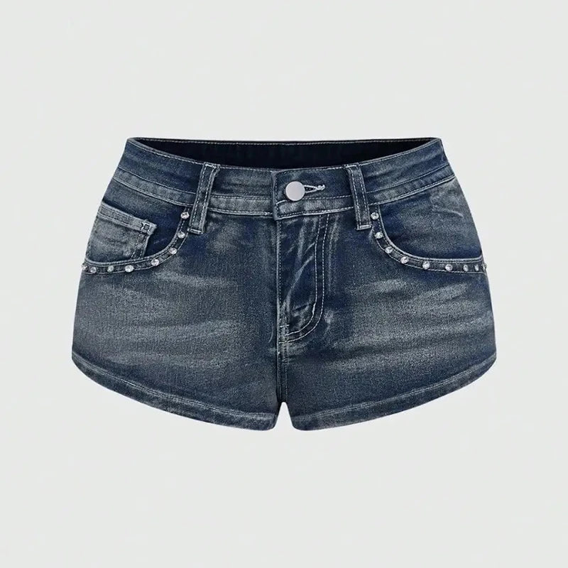 Summer Vintage Y2K Punk Rhineston Embroidered Denim Shorts Women Jeans Holiday Sexy Low Waist Distressed American Retro Hot Pant