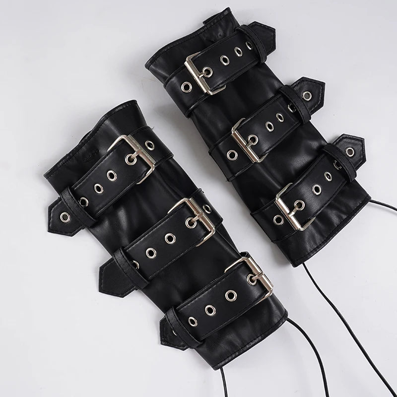 SUCHCUTE Retro Punk Pu Leather Vest With Sleeve Cover Women Gothic Black Sleeveless Turtleneck Top Y2k Metal Decorative Clothing