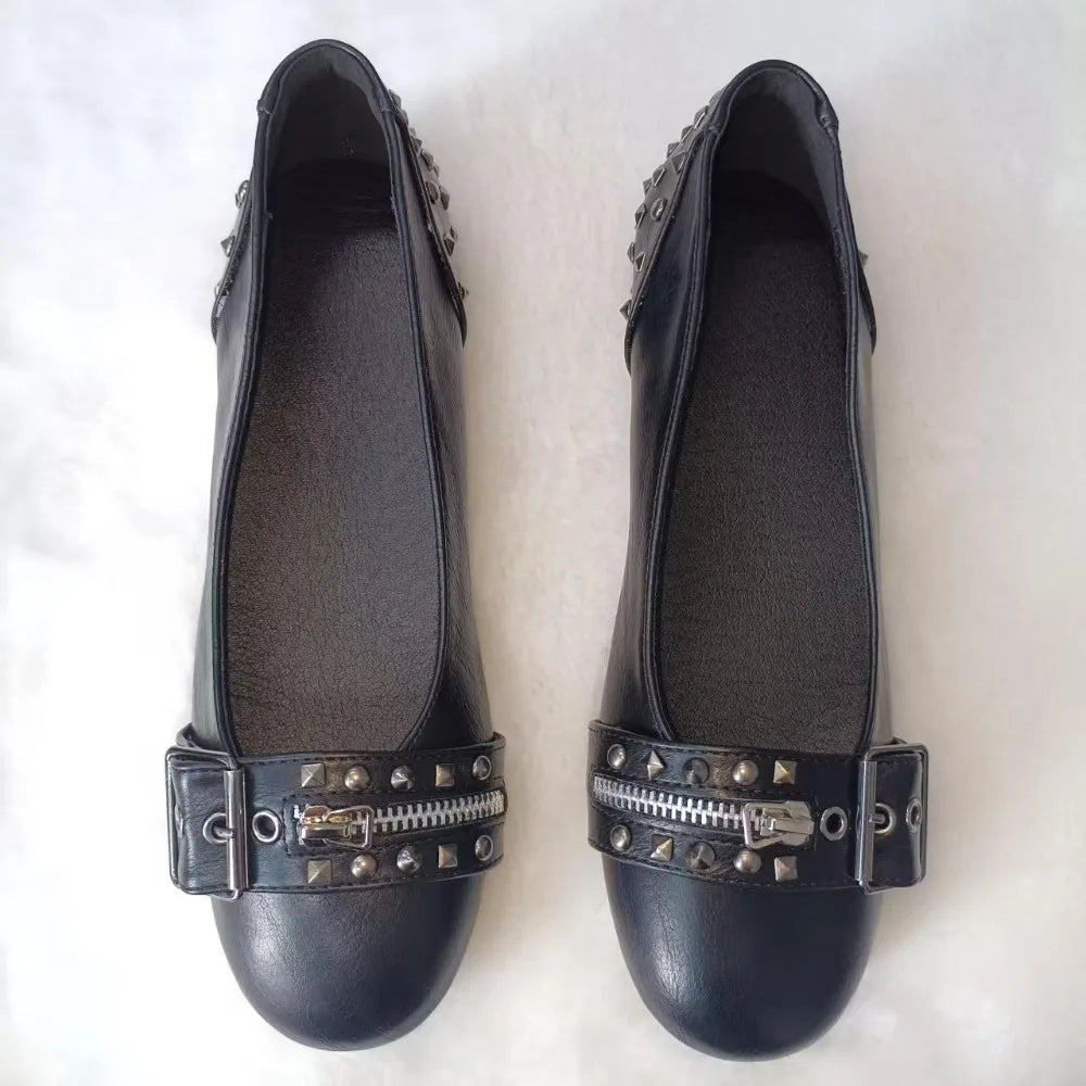 Flat Shoes Woman 2026 Spring New Shallow Mouth Flat Bottom Loafers Women's Rivet Leather Shoes Women's Flats and Loafers