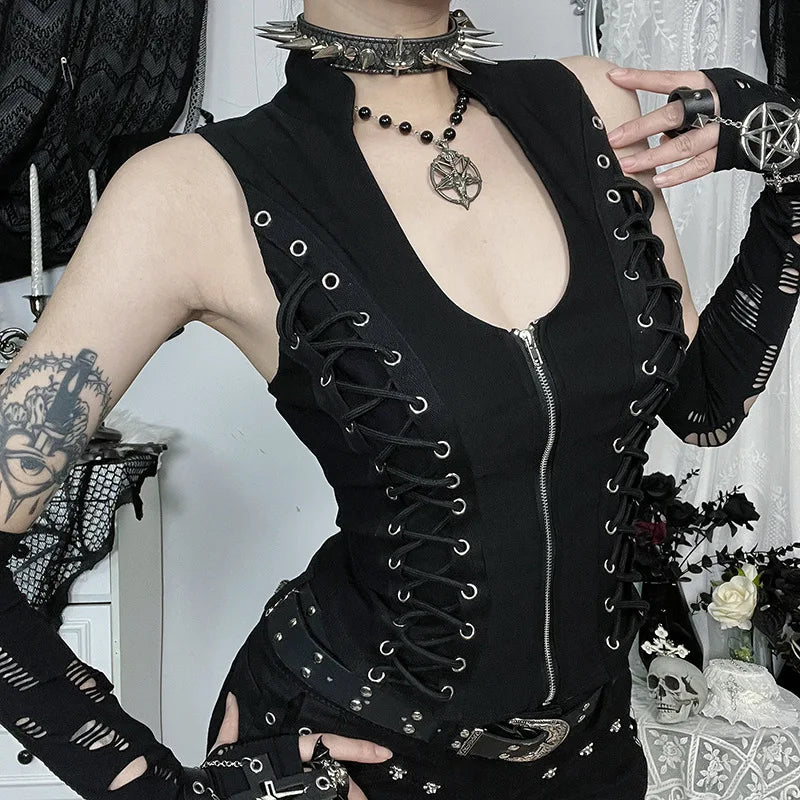 Goth Dark Punk Sleeveless Corn Bandage Tanks Top Women Chic Streetwear Slim Zip Vest Mall Gothic Techwear Summer Fashion T-shirt
