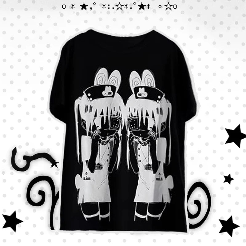 Y2k women clothing arcane Short Sleeve Black Tops Cool Cute Subculture Round Neck T Shirt 2000s Harajuku Punk Japanese Tees tops