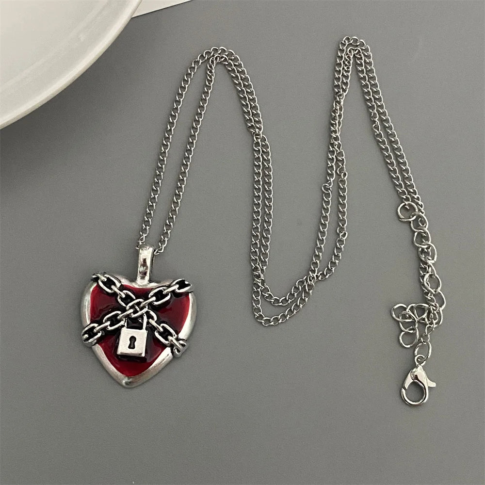 Punk Rock Red Black Heart Pendant Chain Necklace For Men Women Cool Hip Hop Street Vintage Goth Accessories Trendy Jewelry