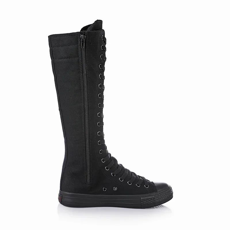 New Fashion Women's Canvas Boots Lace Zipper Knee High Boot Flat Shoes Casual High Help Punk Shoes Girls