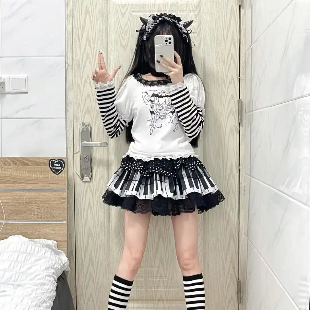 Spicy Girl Punk Middle Black and White Piano Key Polka Lace Short Skirt Dutch Piano Cake Skirt