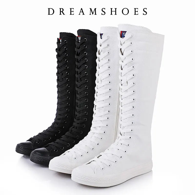 New Fashion Women's Canvas Boots Lace Zipper Knee High Boot Flat Shoes Casual High Help Punk Shoes Girls