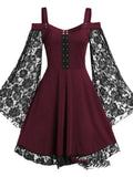 2022 New Gothic One-shoulder Lace Stitching Flared Sleeve Dress Literary Vintage Autumn Grunge Black A-line Dress Punk Partywear